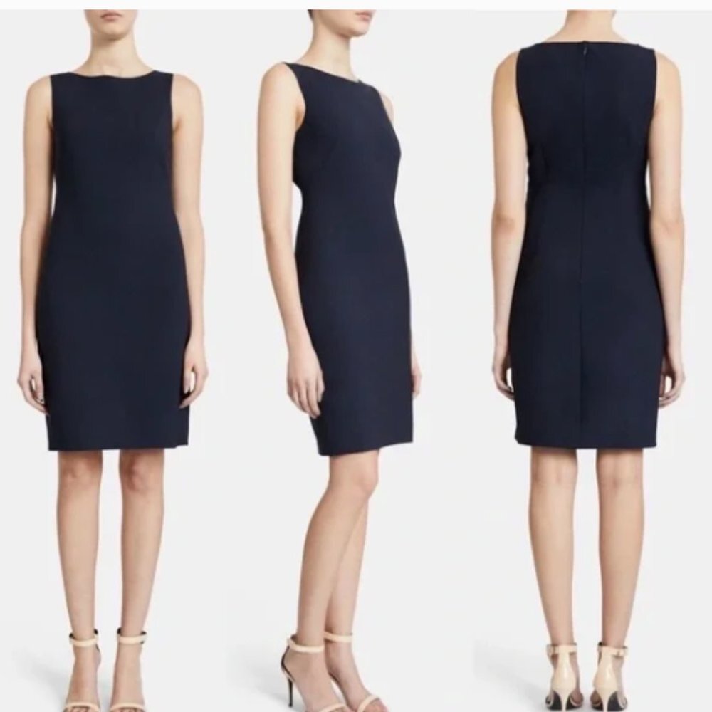 Theory Betty 2B Sheath Dress in Stretch Wool Navy Blue Size 8